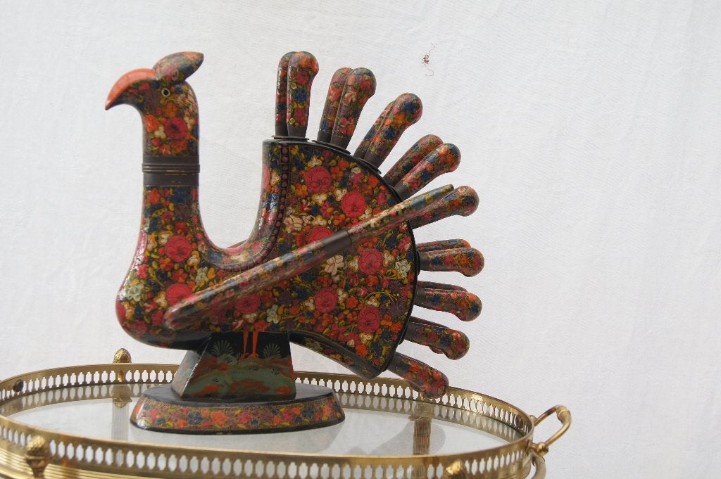 Vintage handgeschilderde vogel metvork en mes, Antiek en Kunst, Hout, 20 cm, Ophalen of Verzenden, Meerkleurig