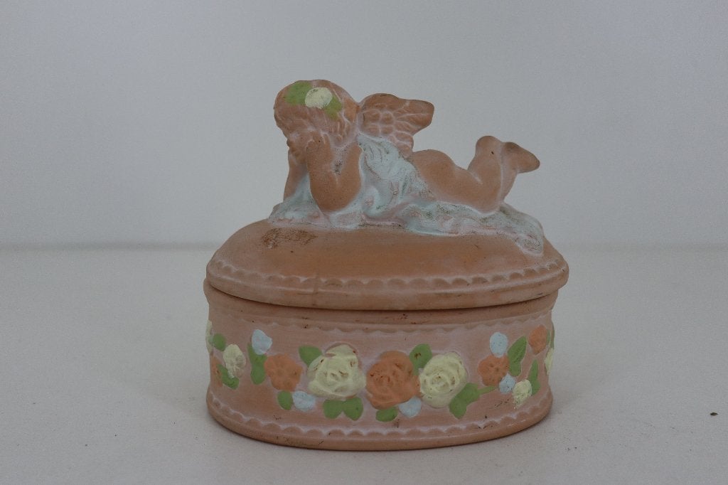 Charmant Terracotta Sieradendoosje met Engel & Bloemen, Antiek en Kunst, Ophalen of Verzenden