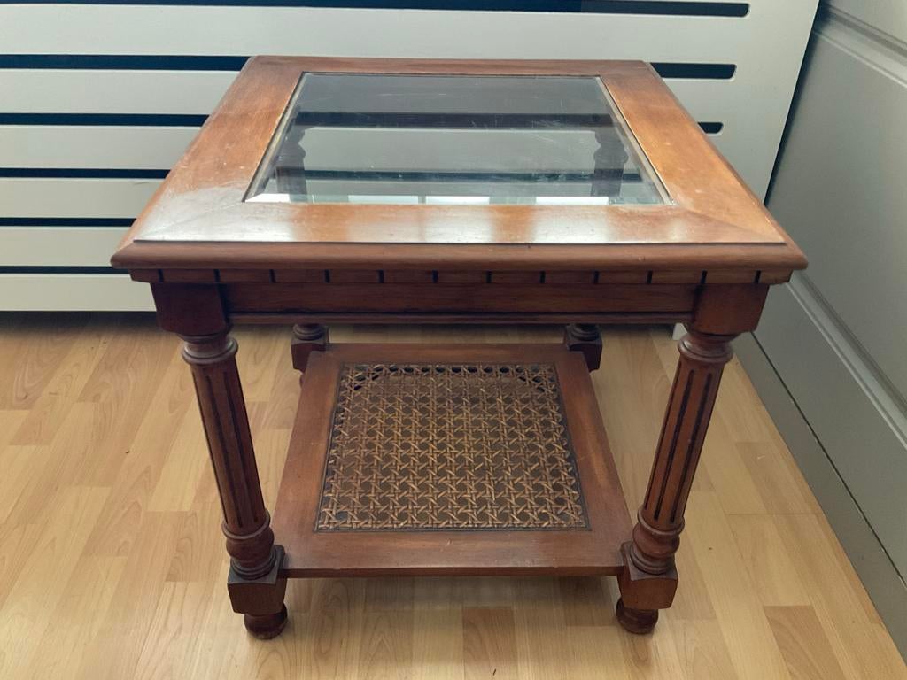 Prachtig wortelnoten bijzettafel met glasplaat, 45 tot 60 cm, Gebruikt, Vierkant, Hout