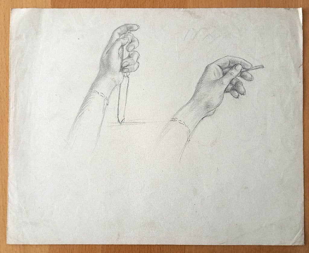 A493-59 Oude tekening 3 studies van handen en portret man, Antiek en Kunst, Ophalen of Verzenden
