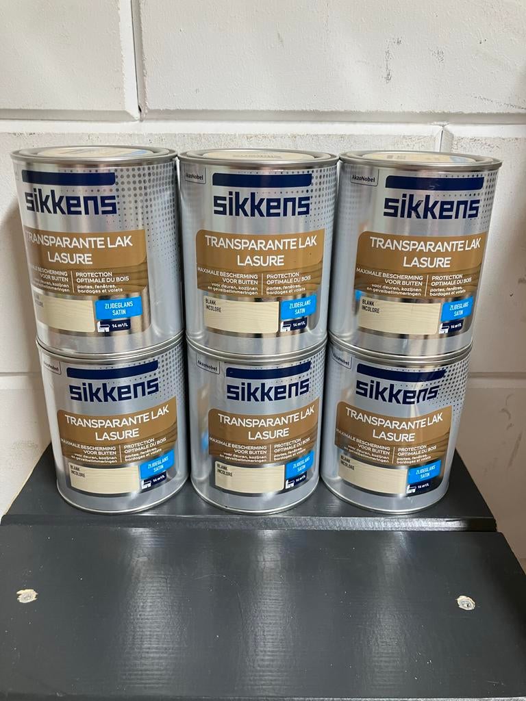 6 blikken 0,75L Sikkens lak buitenlak transparant zijdeglans, Overige kleuren, Nieuw, Ophalen of Verzenden, Lak