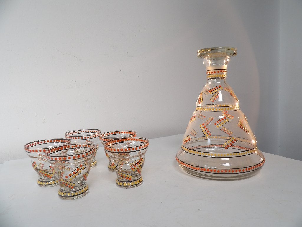 Art Deco Likeur Set - Boheems, Oranje/Geel Emaille, Ophalen of Verzenden