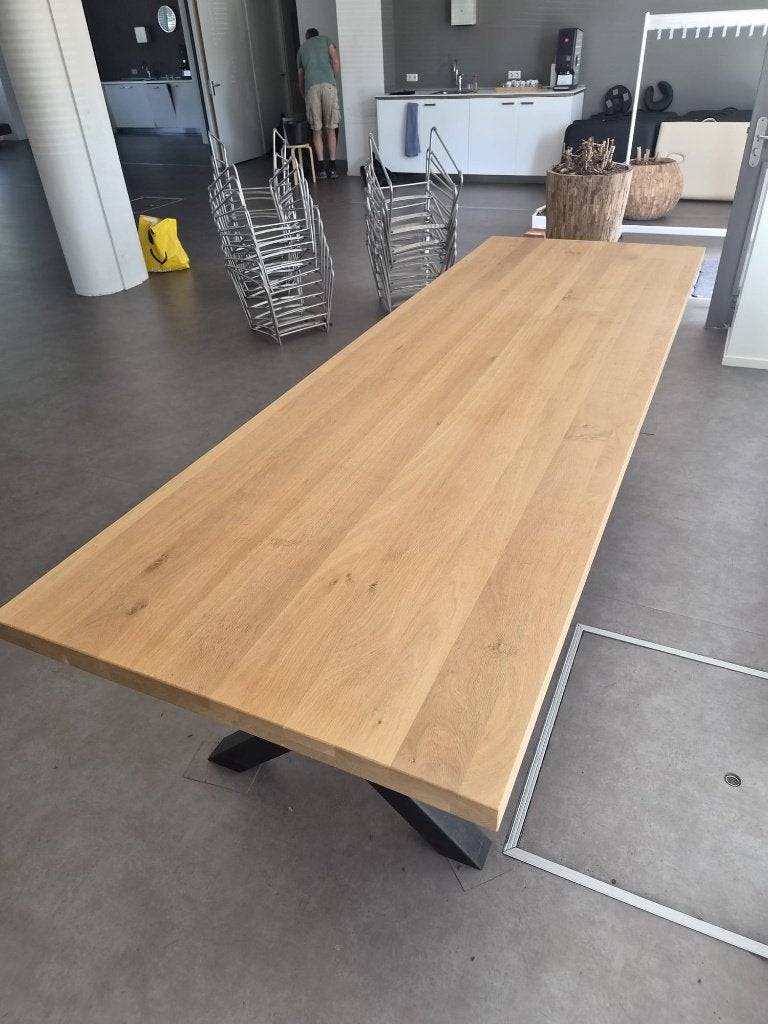 Massief eiken eettafel / vergadertafel 3x1m–stalen onderstel, Huis en Inrichting, Tafels | Eettafels, Ophalen, 100 tot 150 cm