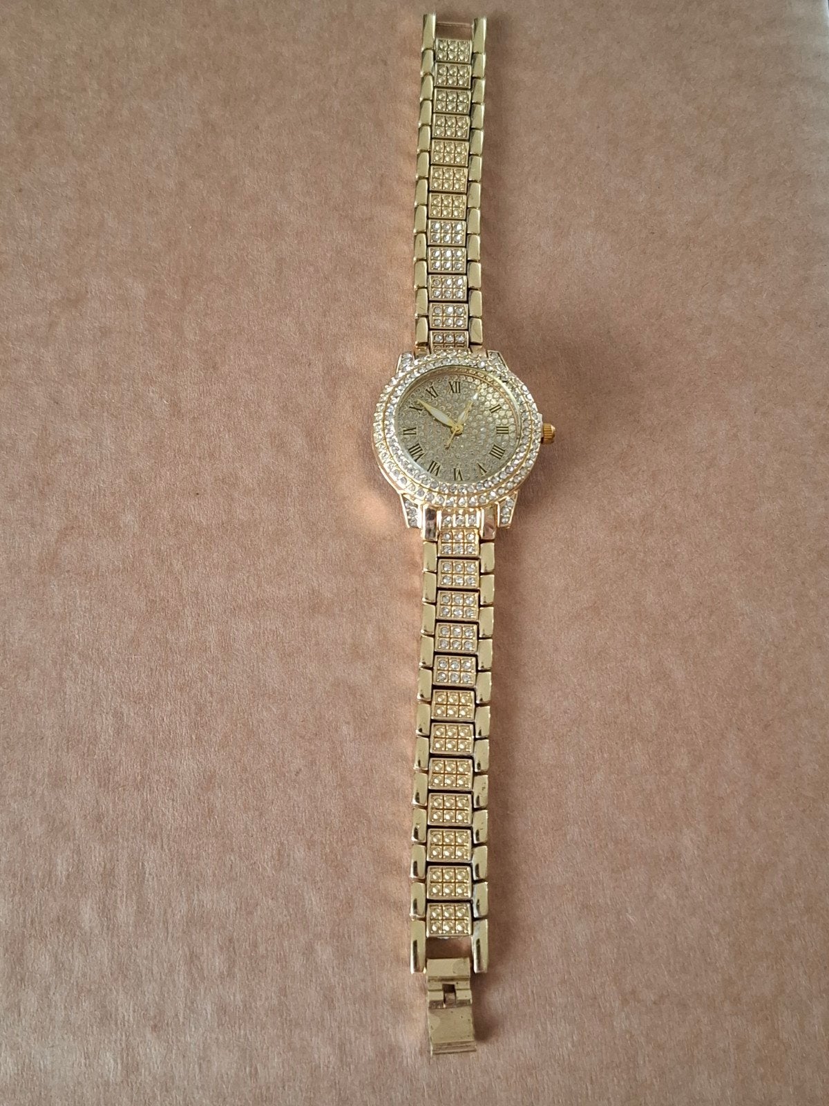 Gouden Polshorloge met Strass Steentjes, Overige merken, Overige materialen, Polshorloge, Overige materialen