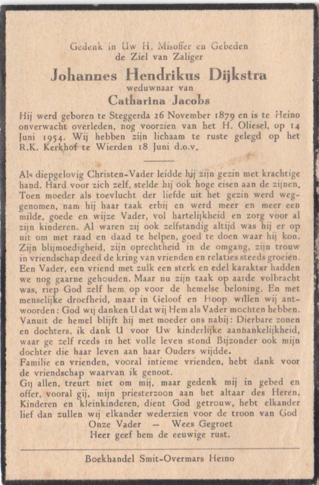 Johannes H. Dijkstra 1879 Steggerda + 1954 Heino, 74 jaar, Verzamelen, Bidprentjes en Rouwkaarten, Ophalen of Verzenden