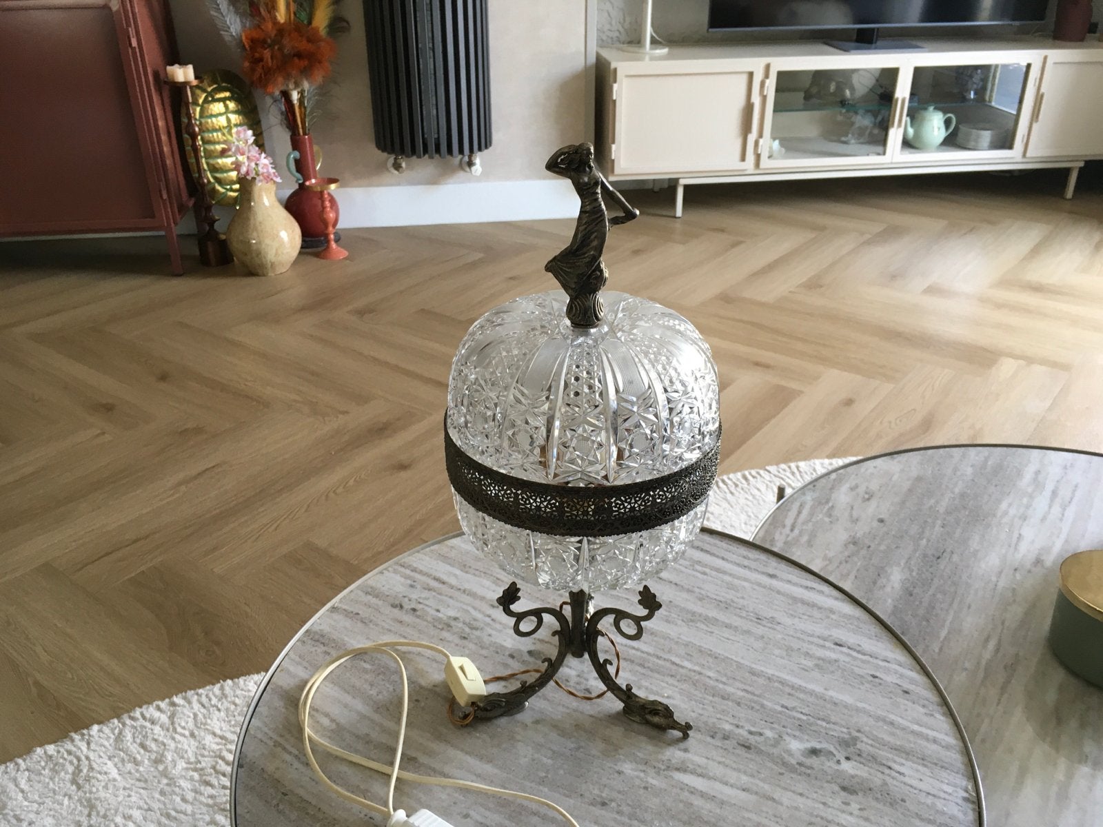 Vintage Hollywood Regency Tafellamp, Kristal & Brons, 1950, Ophalen