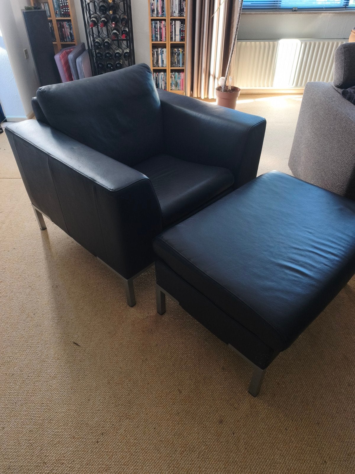 Montel fauteuil met voetenbank - blauw leer, Huis en Inrichting, Ophalen, Gebruikt, 75 tot 100 cm, Leer