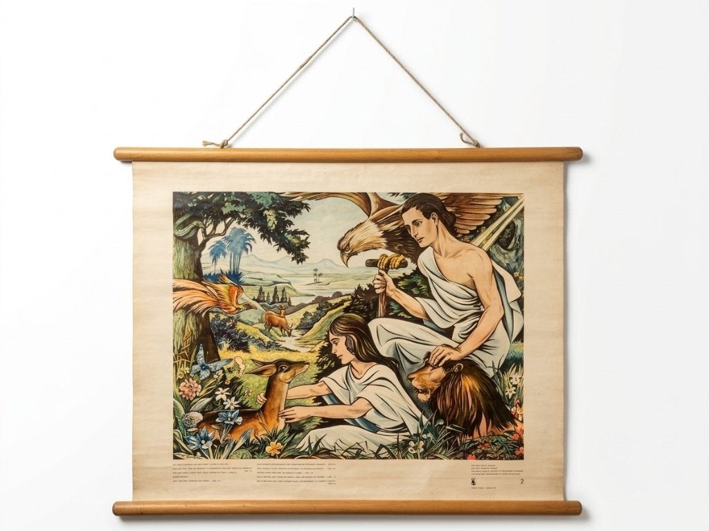 Oude schoolplaat paradijs Eden Adam en Eva - vintage poster, Ophalen of Verzenden, Geschiedenis