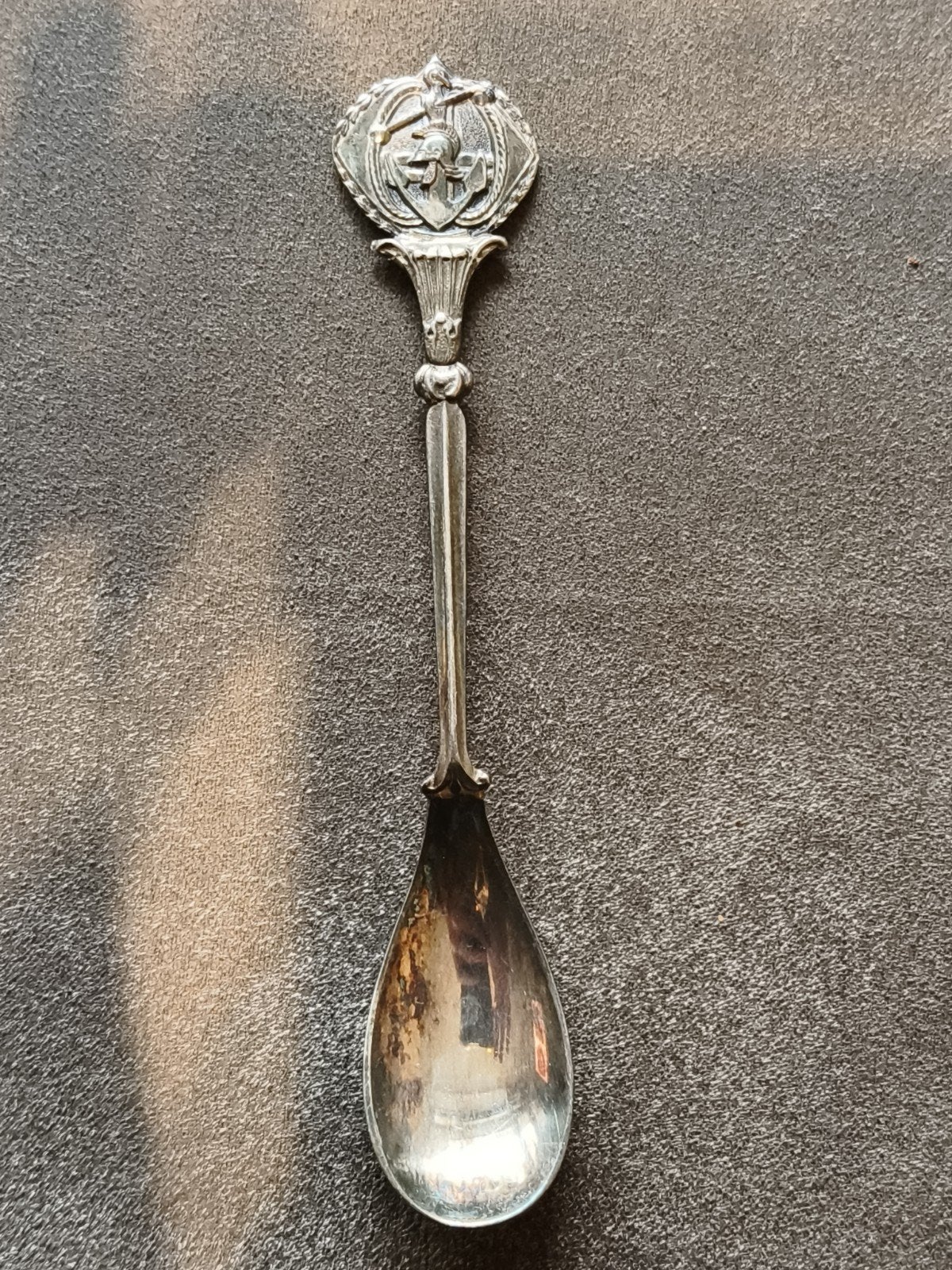 Antieke verzilverde herdenkingslepel met maritiem motief, Ophalen of Verzenden