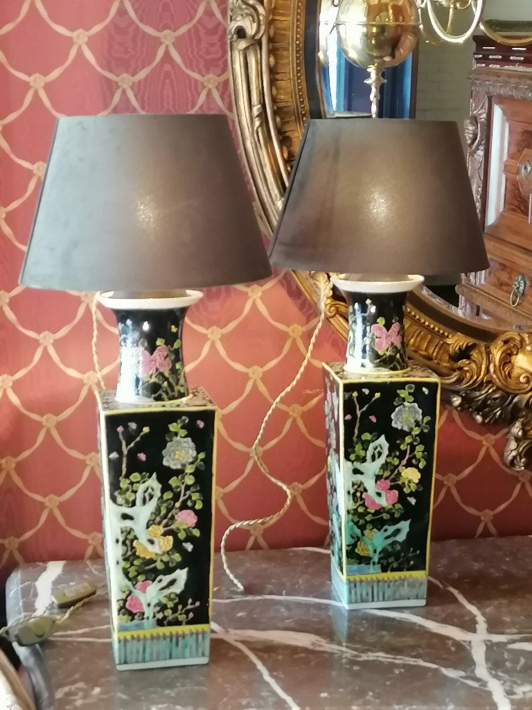 paar chinese famille noir poecelain lamps, Ophalen