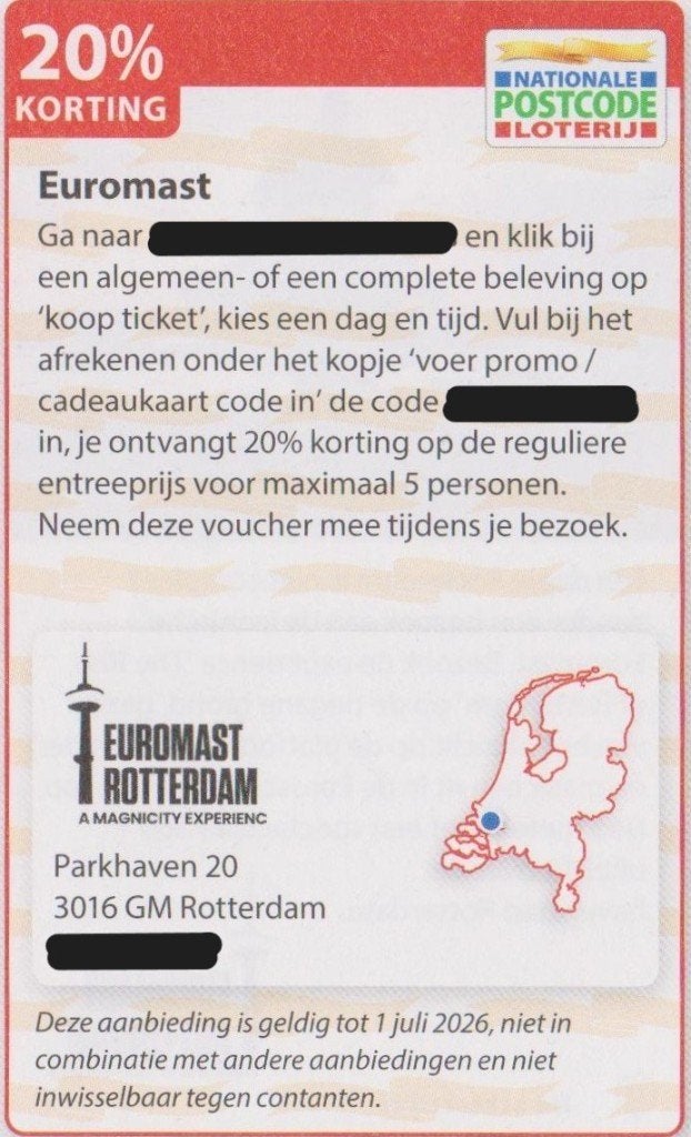 Euromast. Rotterdam. 20% korting. Postcodeloterij voucher., Tickets en Kaartjes, Recreatie | Pretparken en Attractieparken, Drie personen of meer