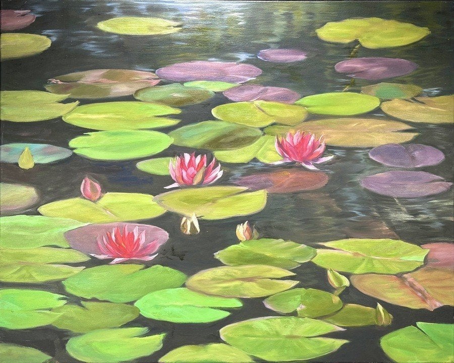 350. Olieverfschilderij – waterlelies, eind 20e eeuw