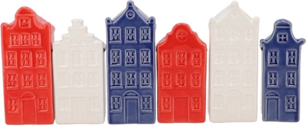 Set van 6 aardewerk grachtenpand vaasjes Rood Wit Blauw, Meerkleurig, Onbekend, Nieuw, Ophalen of Verzenden