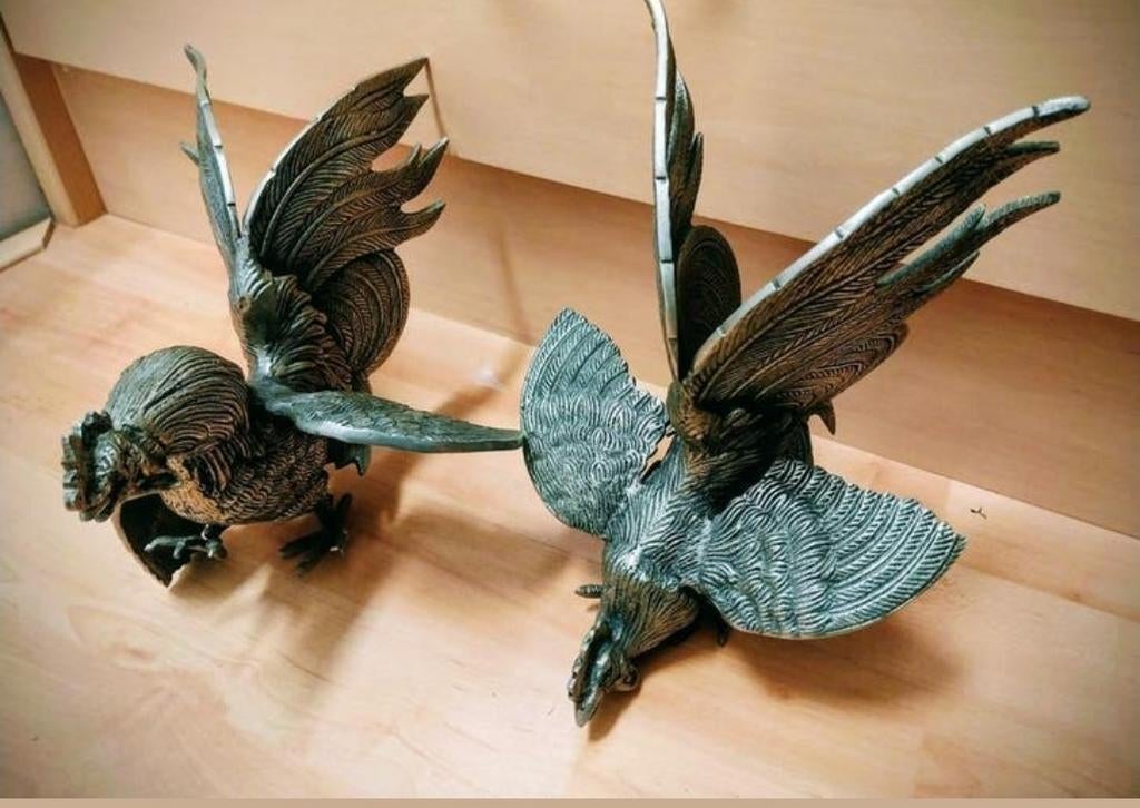 Set van 2 metalen hanen sculpturen, Handgemaakt, Ophalen of Verzenden, Brons, 20 - 50 cm