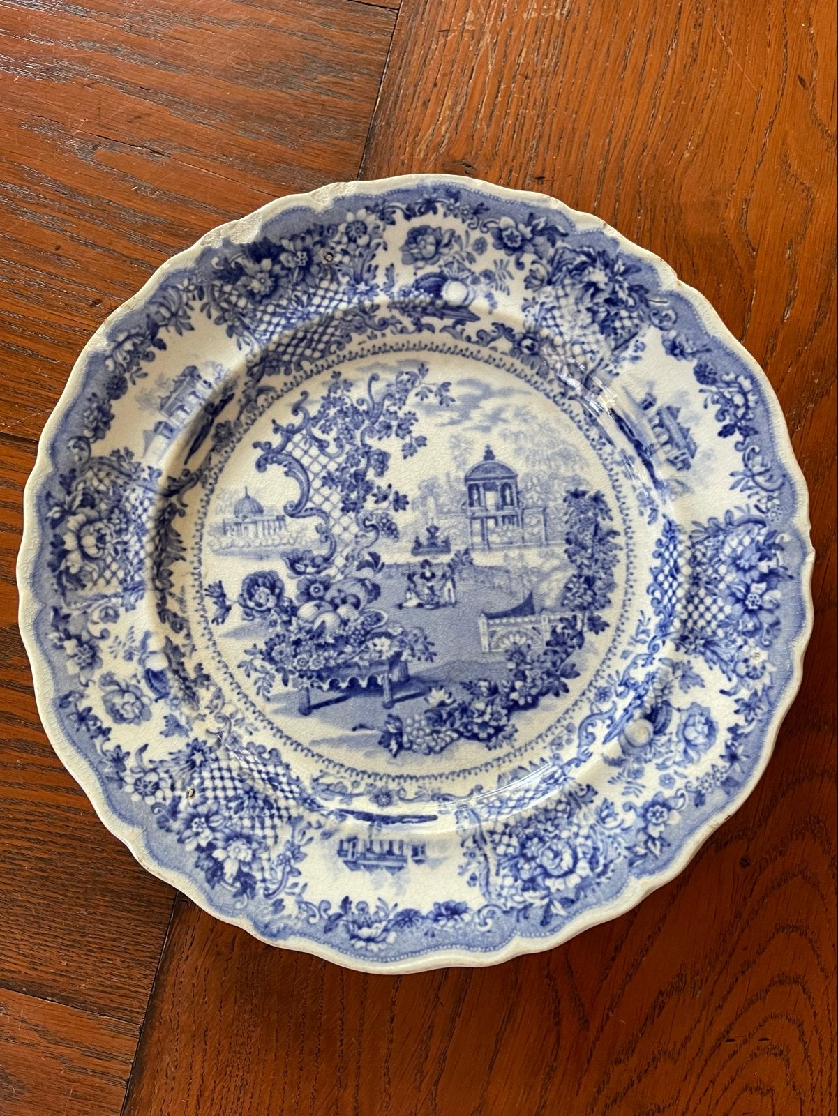 Vintage Blauw-Wit Bord met Landschap en Bloemen, Ophalen of Verzenden