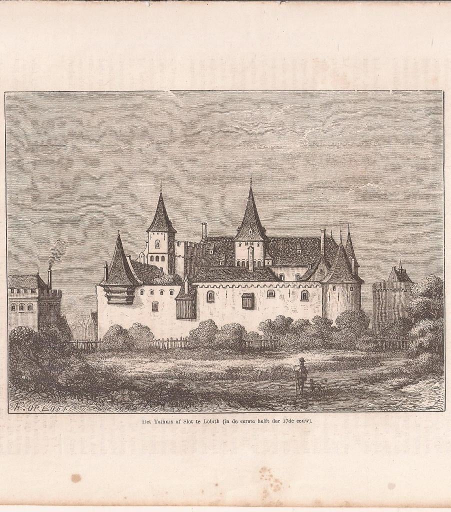 Het Tolhuis of Slot te Lobith (in de eerste helft der 17e ee, Antiek en Kunst, Origineel, 1800 - 1899, Architectuur, Gravure