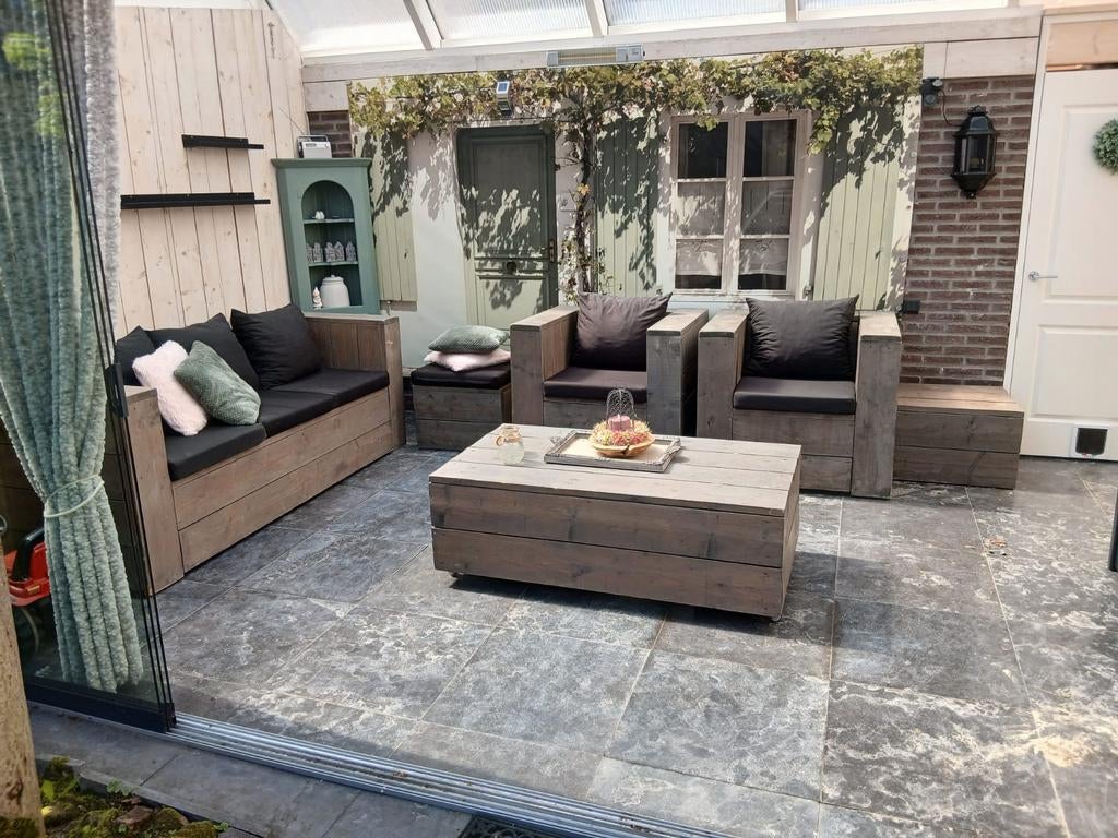 Steigerhouten tuinset met kussens, Ophalen, Gebruikt, Steigerhout, Bank