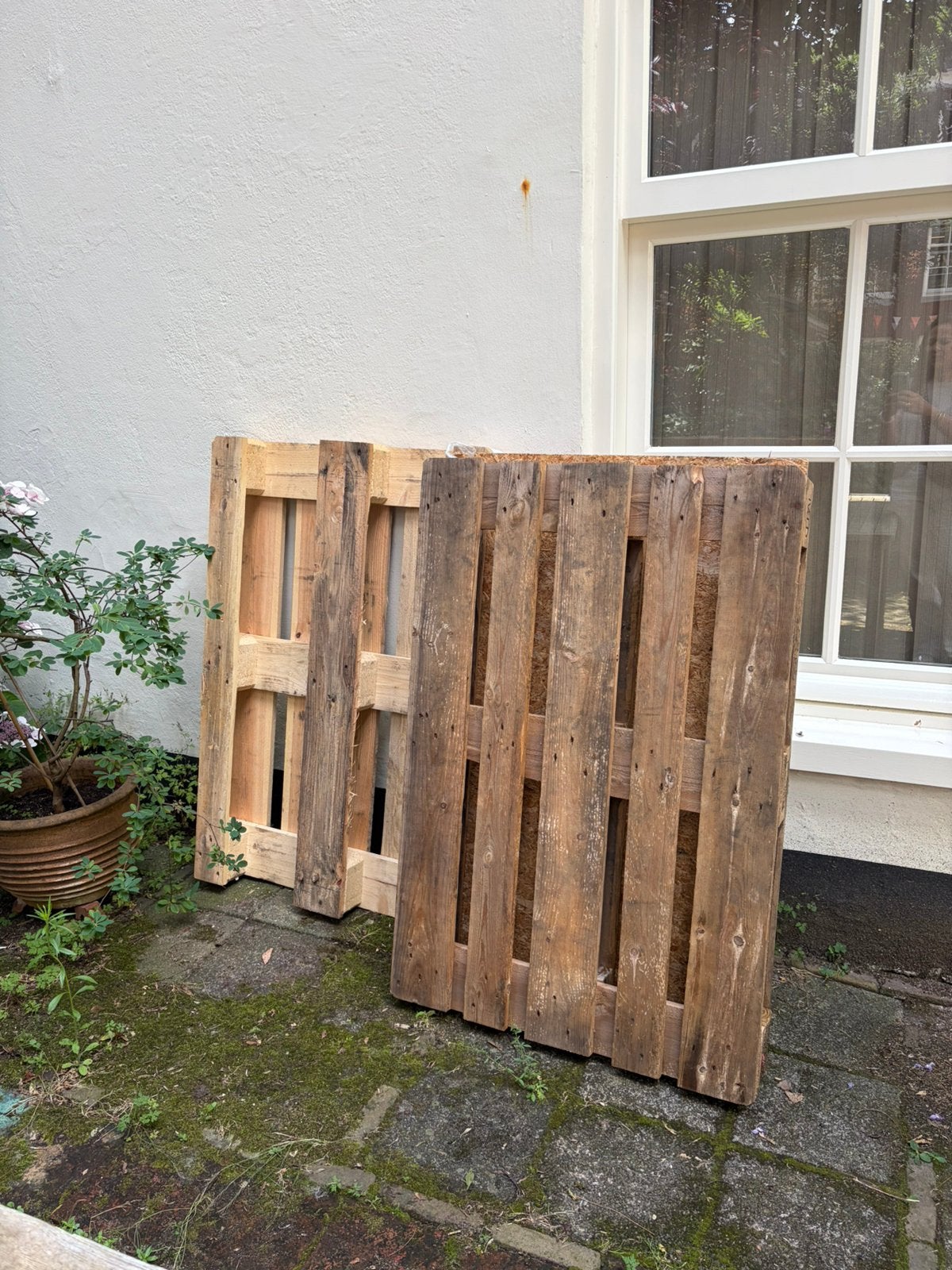 Twee pallets Gratis, Tuin en Terras, Schuttingen, Ophalen, 1 tot 2 meter, Minder dan 3 meter, Zo goed als nieuw