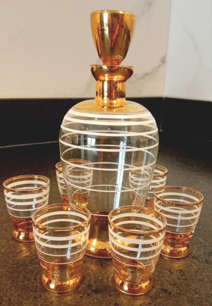 Antiek Boheems Likeur Set met Goud & 6 Glaasjes, Ophalen