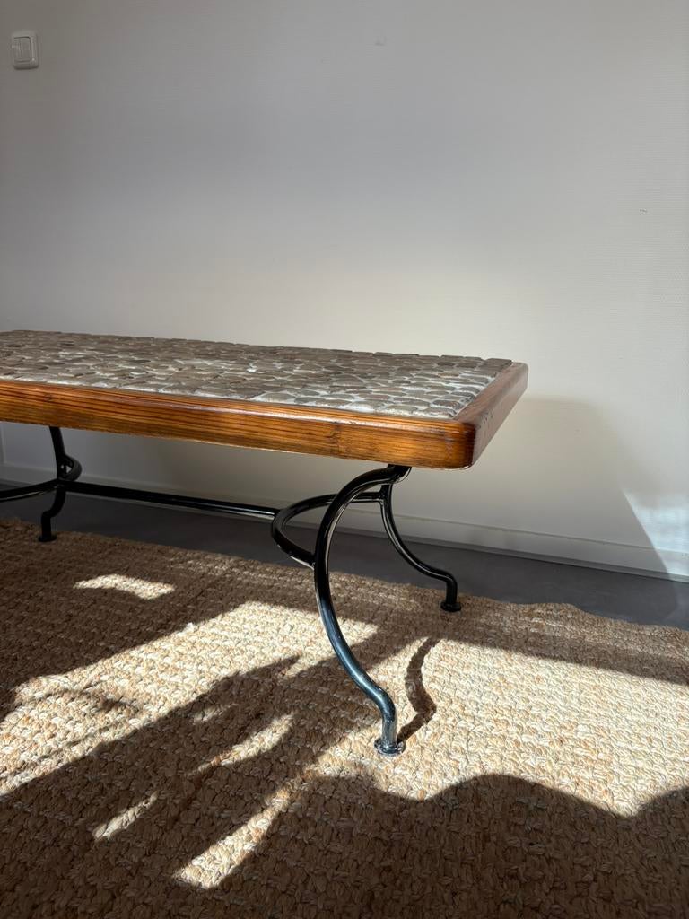 Vintage salontafel beukenhout natuursteen castiron l114cm, Ophalen, Overige materialen, 100 tot 150 cm, 50 tot 100 cm