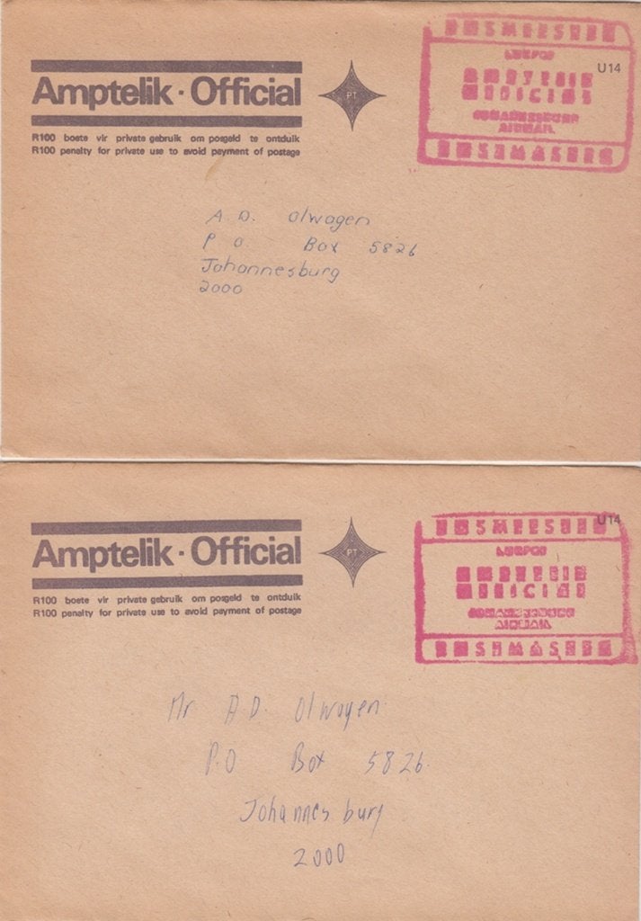 Zuid-Afrika 2 poststukken Amptelik-Official ontduiking porto, Ophalen of Verzenden, Brief