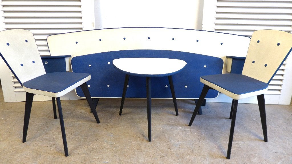 vintage retro slaapkamer set : bed, 2 stoelen en tafeltje, Ophalen, Blauw, Onbekend, 190 cm of minder