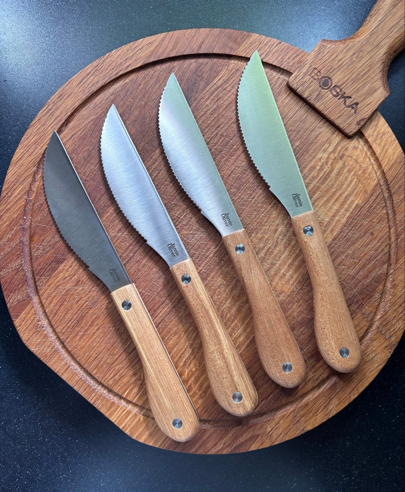 Jamie Oliver steakmessen / ontbijtmessen (4 stuks, hout), Huis en Inrichting, Keuken | Bestek, Gebruikt, Los bestek, Ophalen of Verzenden