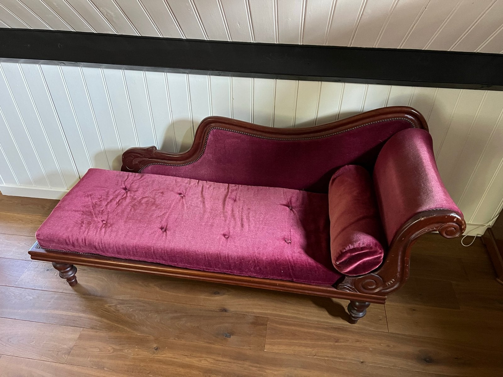 Antieke chaise longue, bordeauxrood fluweel, Ophalen