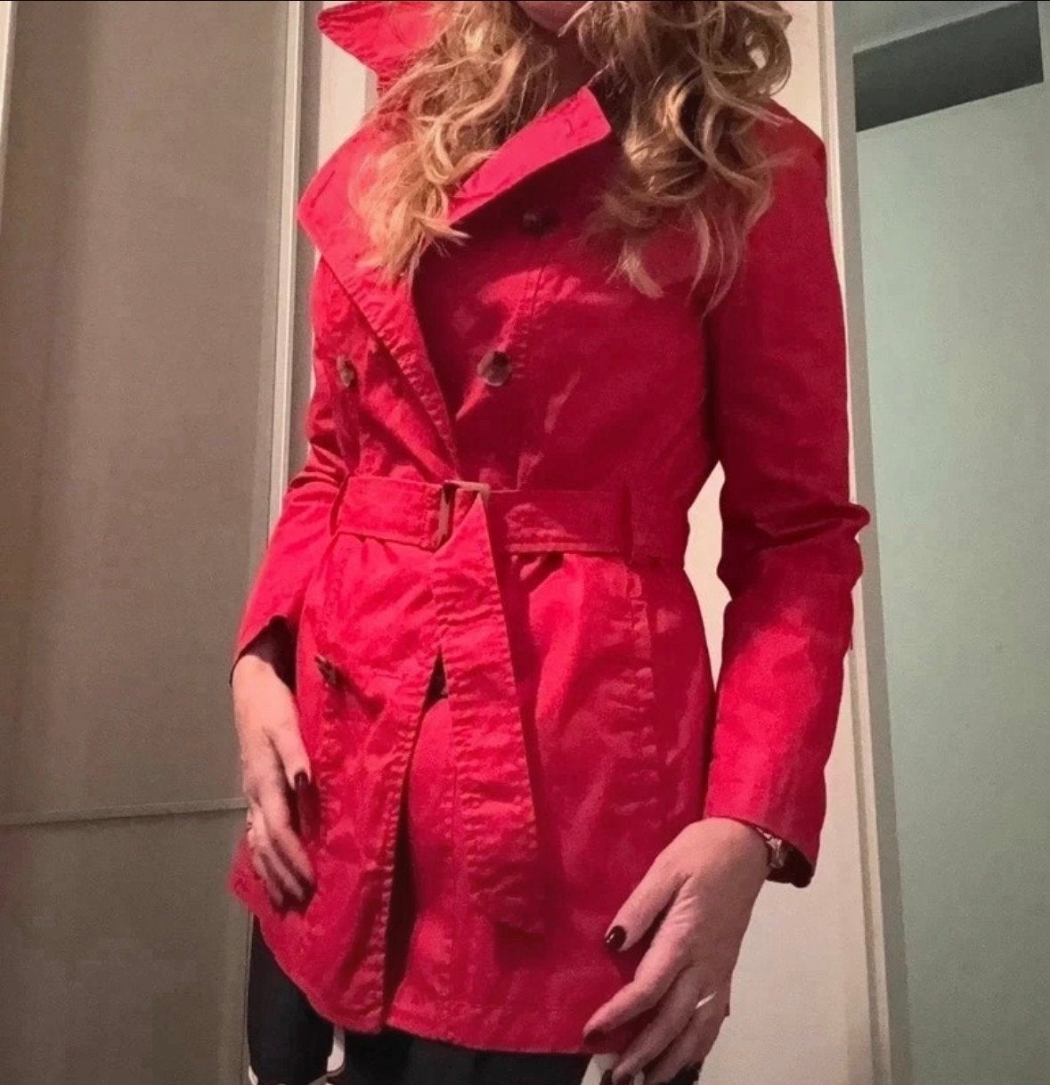 Benetton rode trenchcoat maat L, Ophalen of Verzenden, Zo goed als nieuw, Maat 42/44 (L), Rood