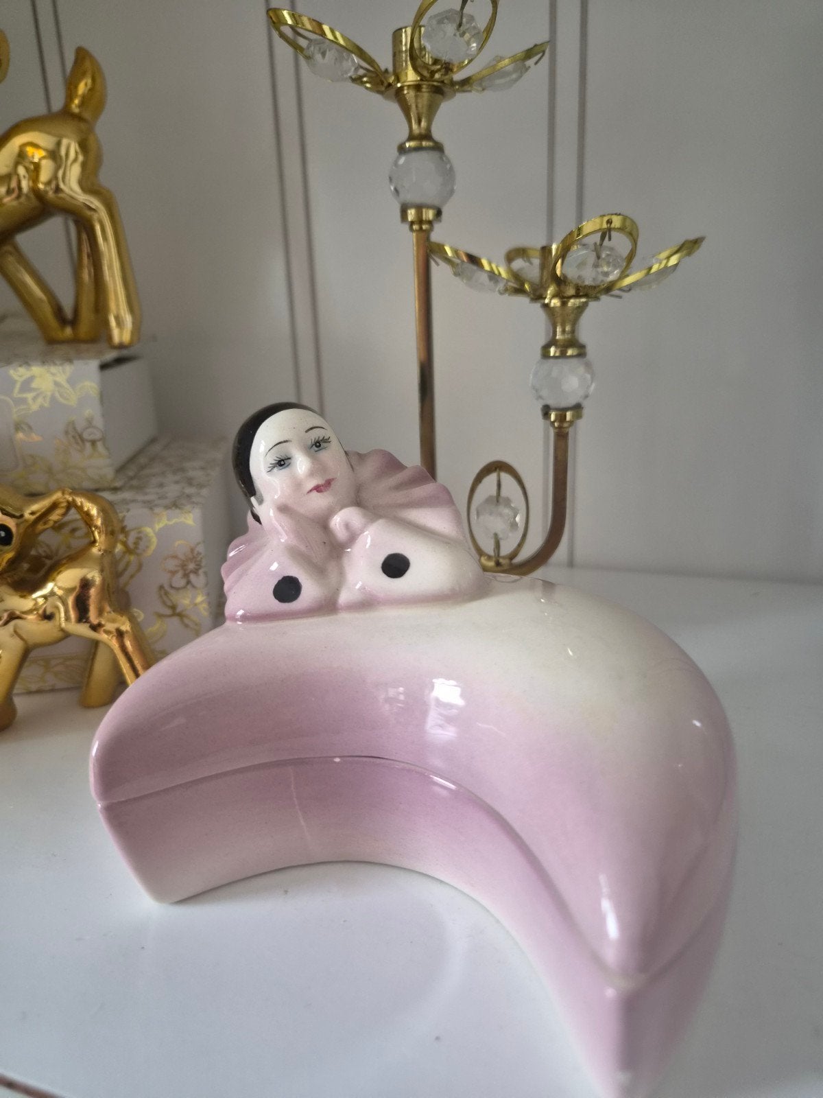 Vintage Roze Pierrot Keramiek Sieraden Doosje, Ophalen of Verzenden