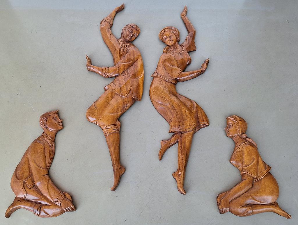 grote set houten Filipijnse tinikling volksdansers wand deco, Wandsculptuur, Gebruikt, Oosters, Hout