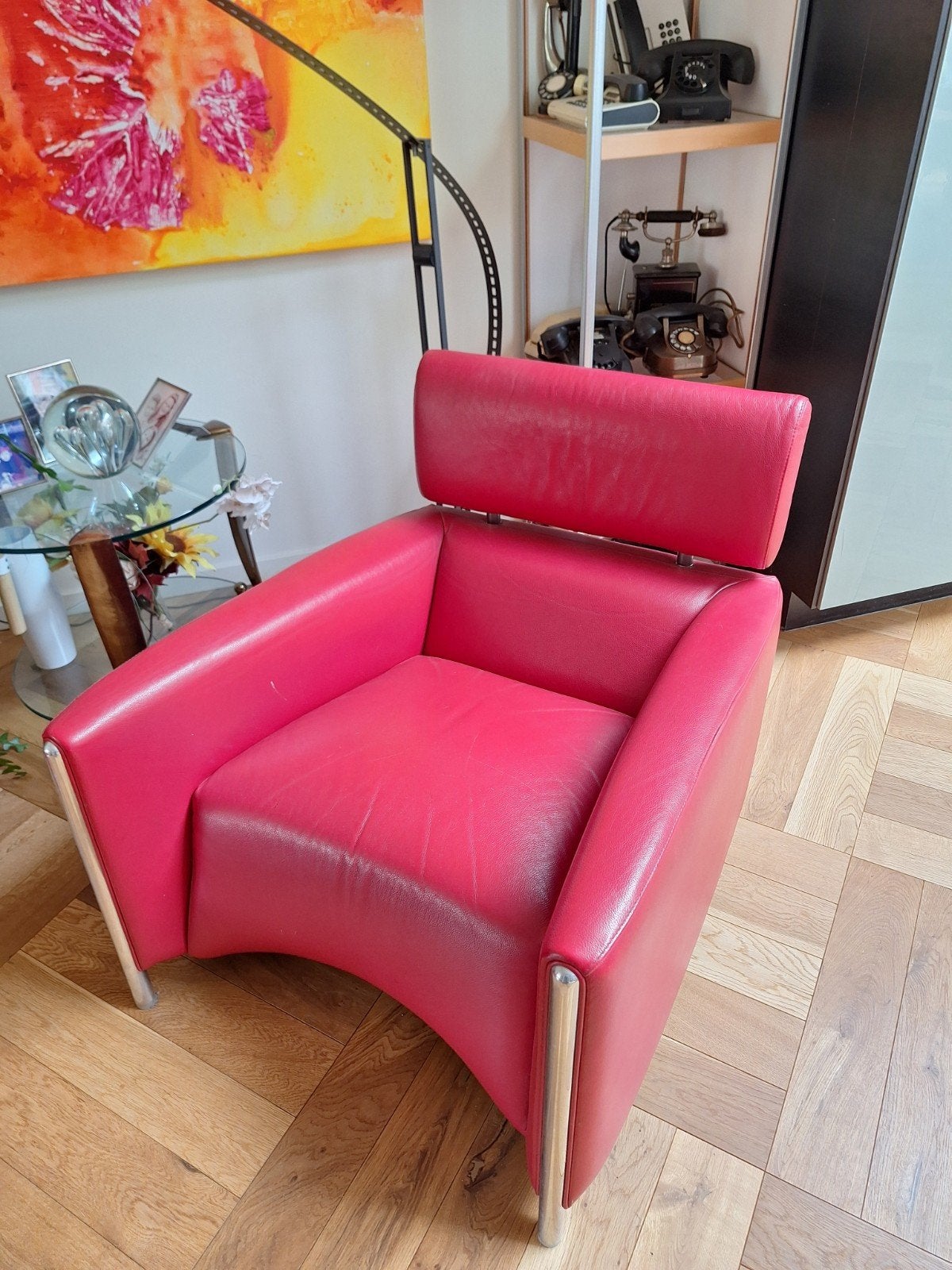 2 stuks comfortabele rode leren fauteuils, Ophalen, Modern, Klassiek, 75 tot 100 cm, Zo goed als nieuw