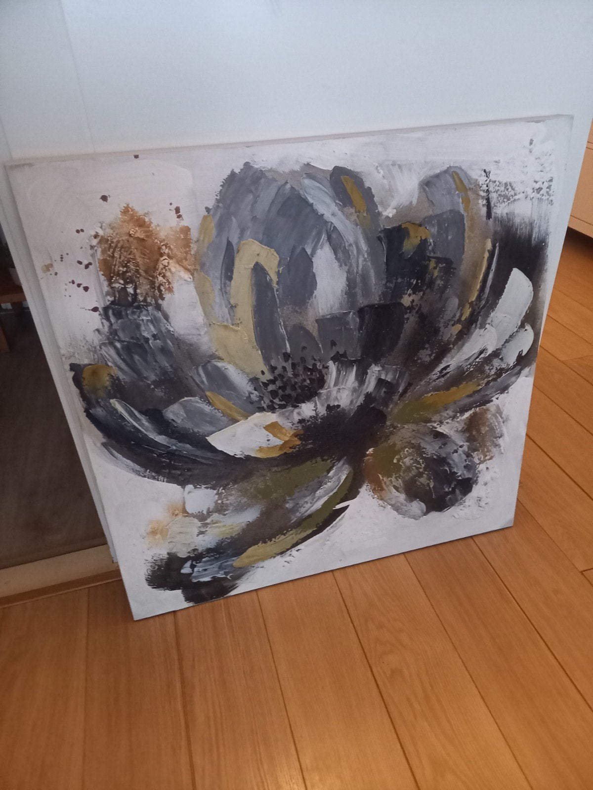 Abstract Schilderij Bloem 80x80 cm - Grijs, Goud, Wit, Ophalen of Verzenden
