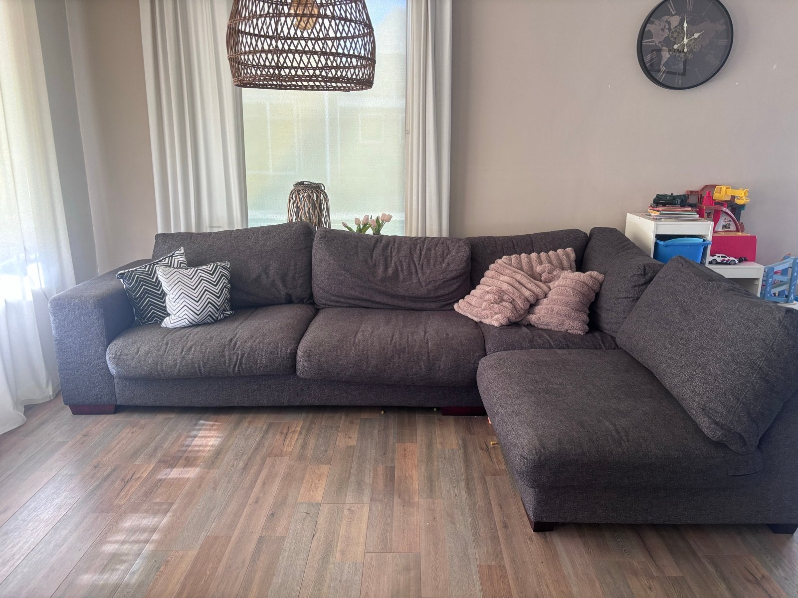 Comfortabele Hoekbank - Grijs Stof, Ophalen, Gebruikt, 100 tot 125 cm, Hoekbank