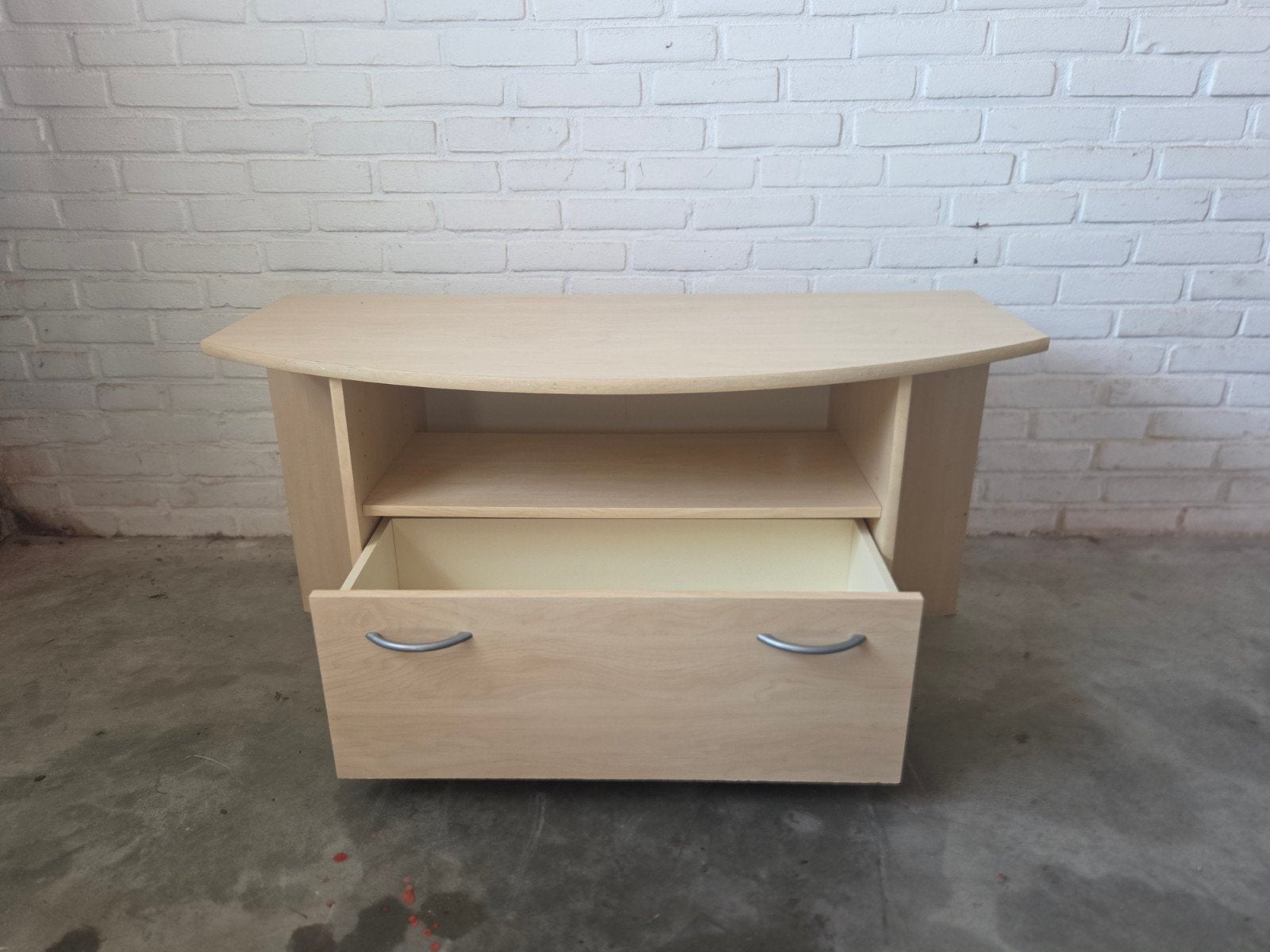 Licht houten tv-meubel met lade en open vak, Ophalen, Gebruikt, 100 tot 150 cm, Minder dan 100 cm