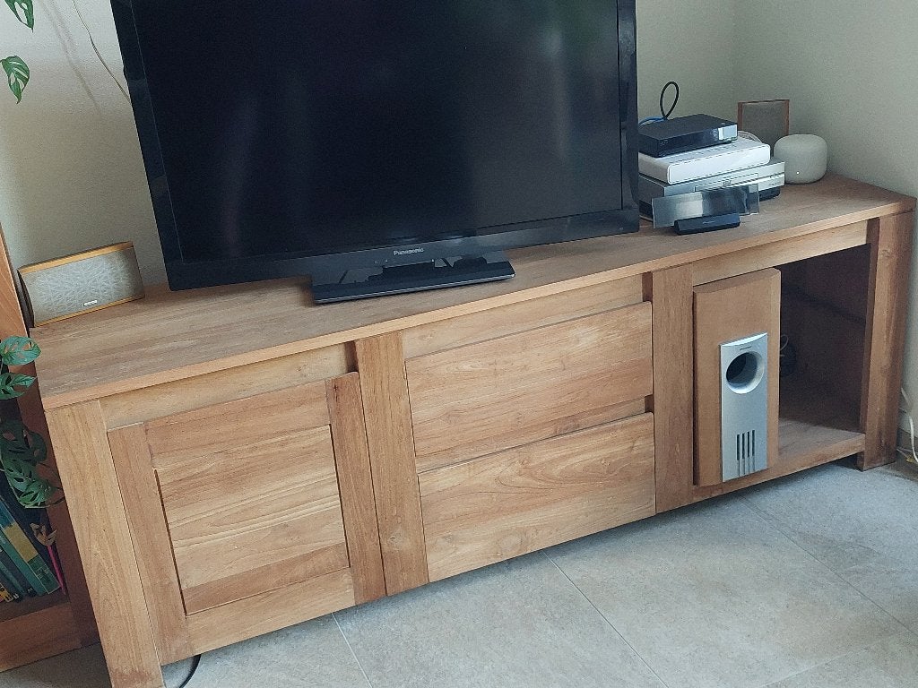 Massief Teakhouten TV-meubel / Dressoir in goede staat, Ophalen, Gebruikt, Met deur(en), 150 tot 200 cm