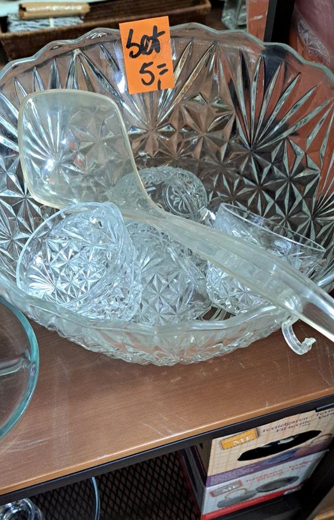 Vintage Glazen Punch Set* kunststof Lepel en 6 glazen Kopjes, Ophalen, Gebruikt