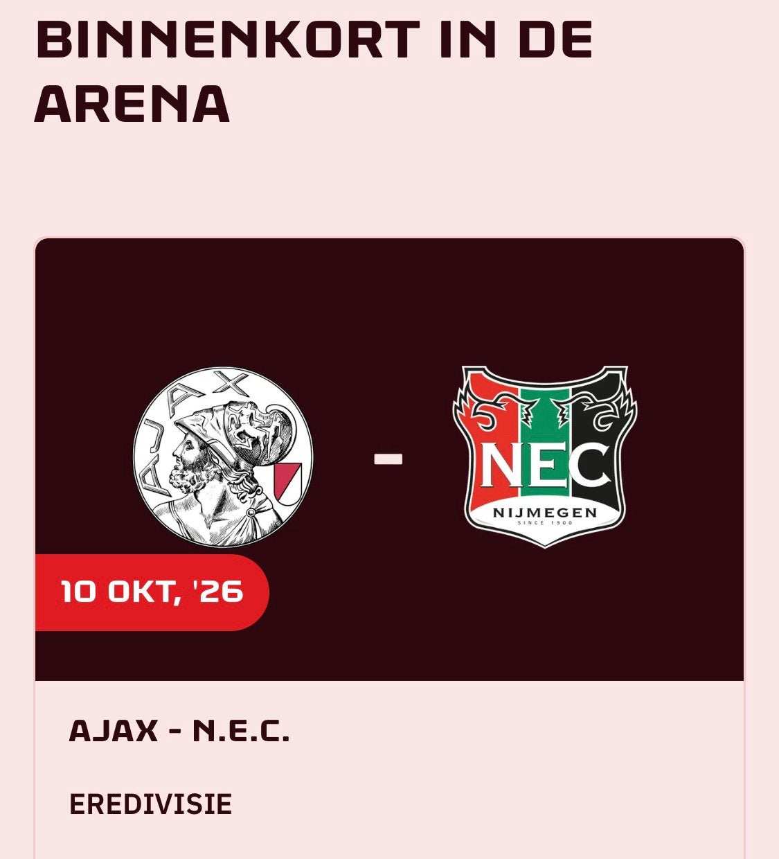 2 kaartjes Ajax - N.E.C. Nijmegen 10 oktober, Tickets en Kaartjes, Twee personen, Oktober
