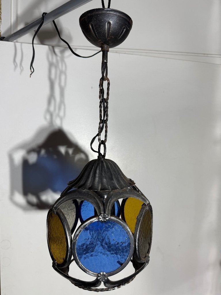 Vintage Brutalist lamp – Gekleurd glas in lood Jaren 60 70, Ophalen, Glas, Brutalist