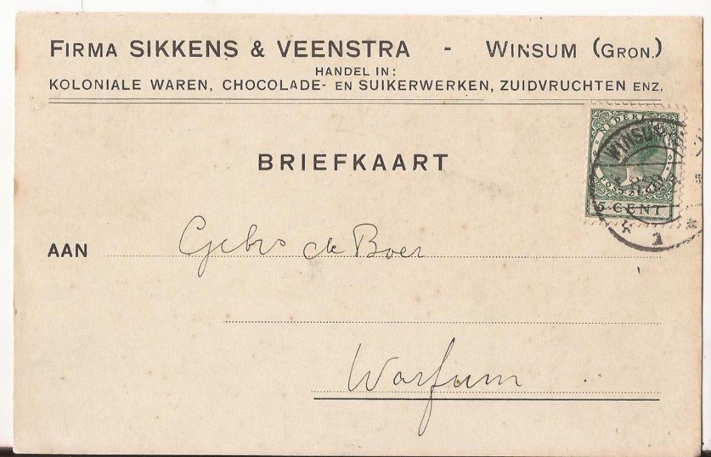 WINSUM (gron) 1928 SIKKENS & VEENSTRA Chocolade Suikerwerk, Verzamelen, Ophalen of Verzenden, 1920 tot 1940, Gelopen, Groningen