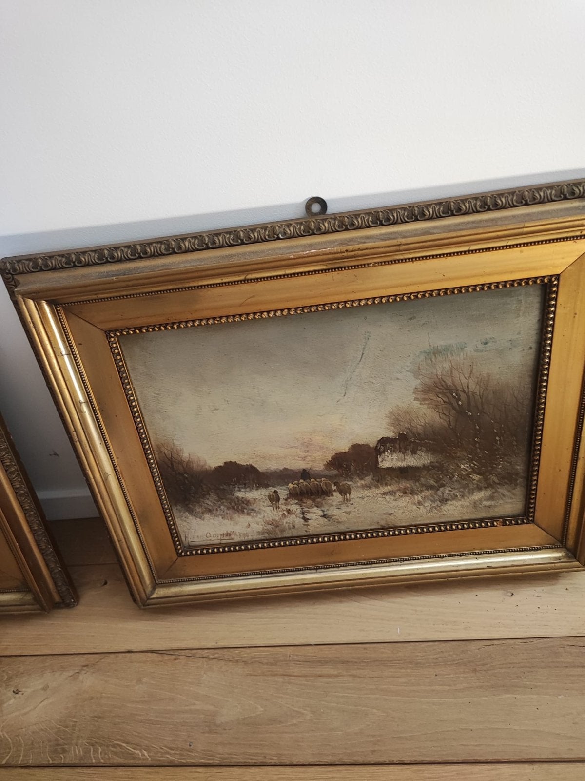 Antiek Schilderij: Herders met Schapen in Winters Landschap, Ophalen of Verzenden
