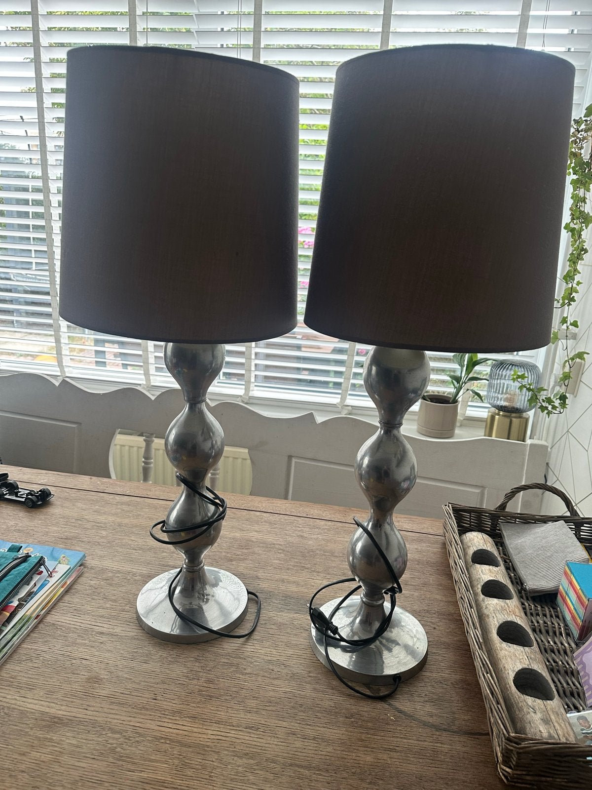 Set van 2 tafellampen met bruine kappen, Ophalen, Gebruikt, Met kap, Metaal