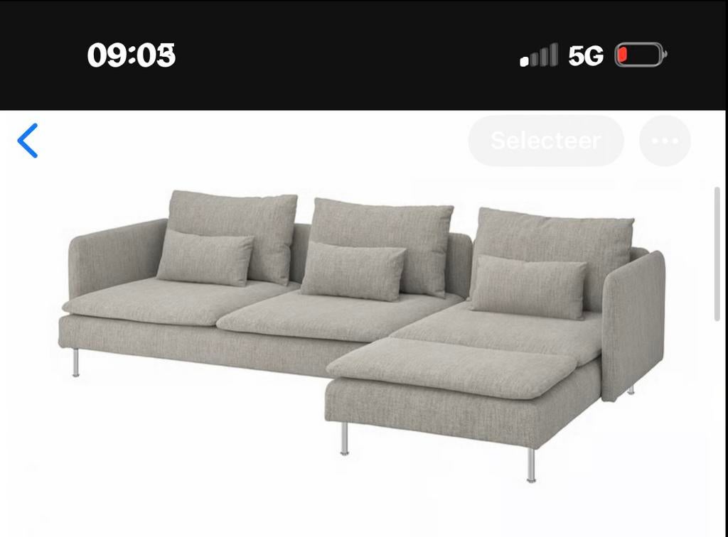 Ikea bank SÖDERHAMN 4-zitsbank, met longue beige/grijs, Beige, Tweepersoons, Zo goed als nieuw, 140 cm