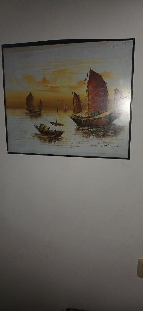 2 schilderijen van Chinese boten op canvas € 30,00, Ophalen