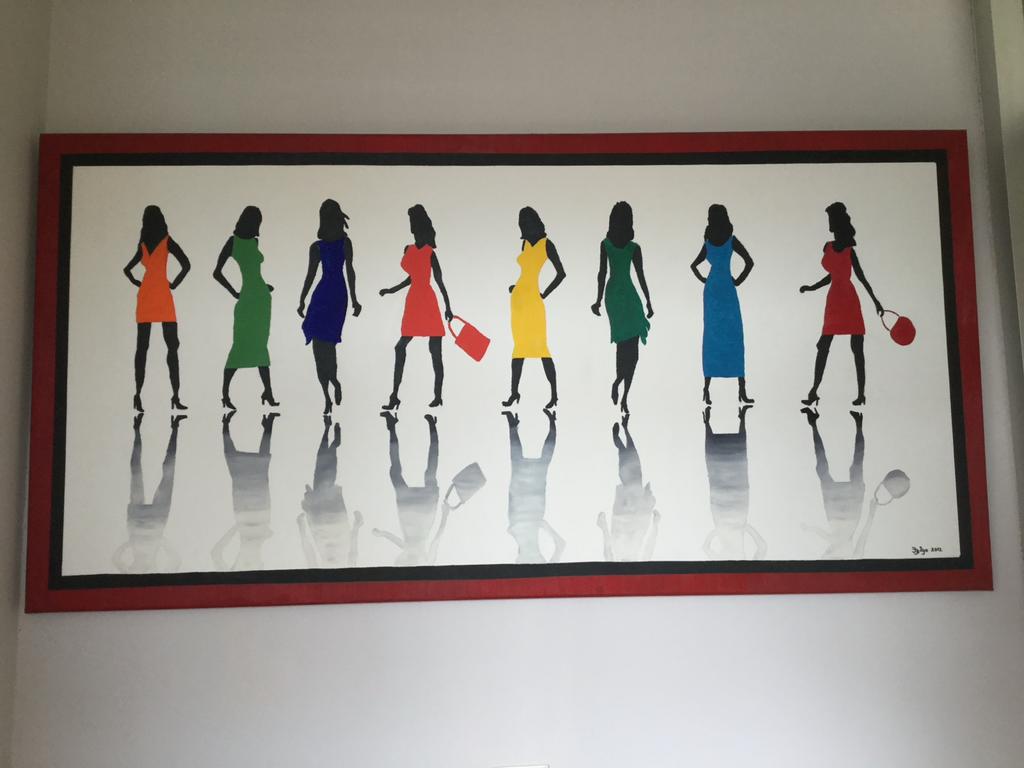 Schilderij: Silhouetten van Vrouwen in Kleurrijke Jurken, Antiek en Kunst, Kunst | Schilderijen | Klassiek, Ophalen of Verzenden
