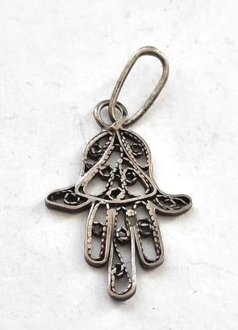 Hand van Fatima klein vintage filigrain zilveren hanger, Ophalen, Zo goed als nieuw, Kruis of Symbool, Zilver