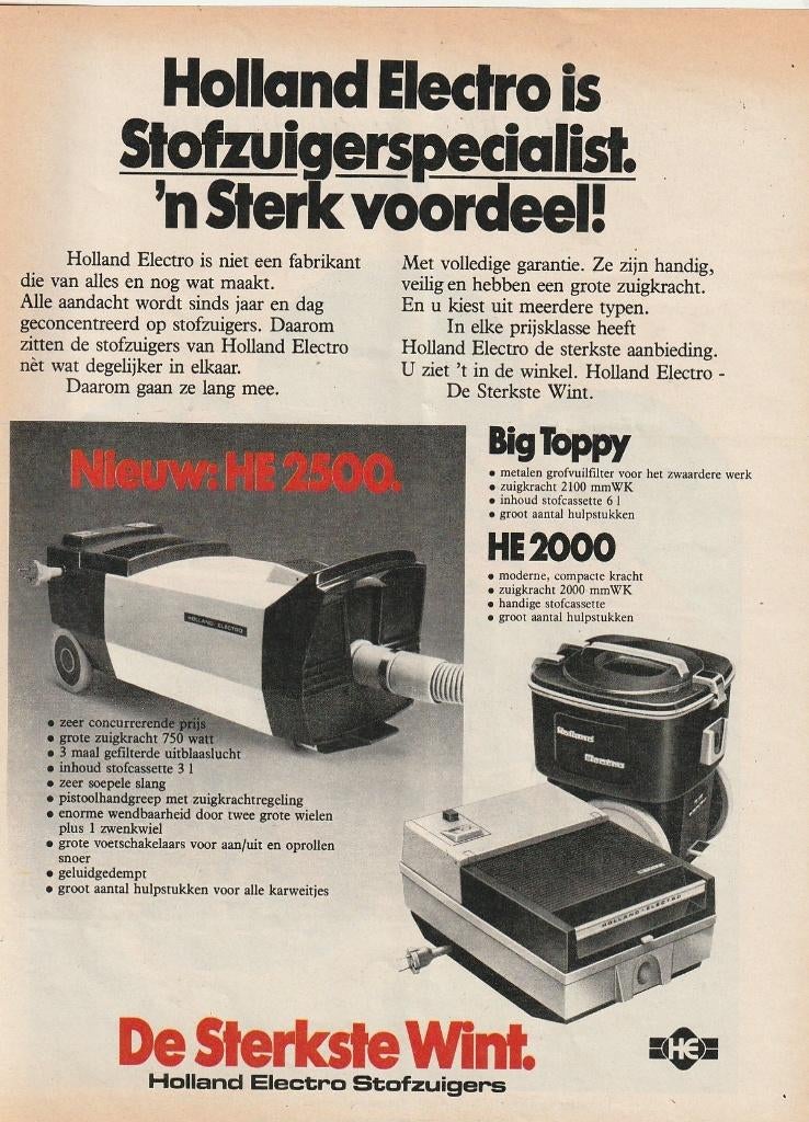 retro reclame 1977 Holland Electro stofzuiger HE2500, Verzamelen, Retro, Overige typen, Verzenden