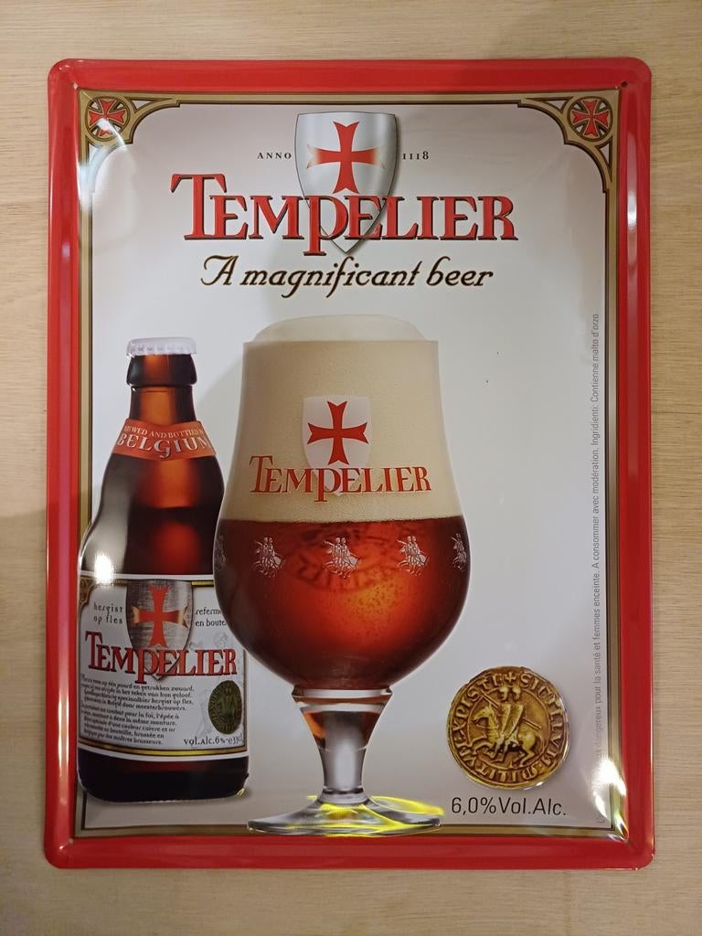 Tempelier Bier Origineel Reclamebord Metaal Met Reliéf, Verzamelen, Biermerken, Ophalen, Nieuw, Reclamebord, Plaat of Schild, Overige merken