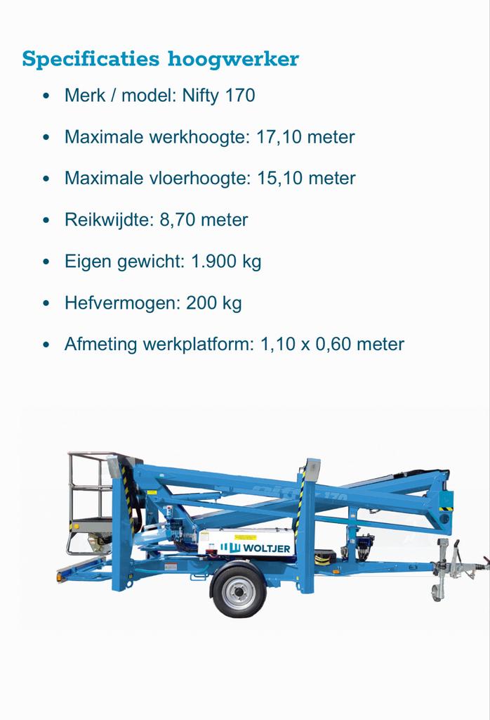 Hoogwerker huren aanhanger op accu nifty te huur dronten, Zakelijke goederen, Machines en Bouw | Liften, Steigers en Ladders, Ophalen of Verzenden