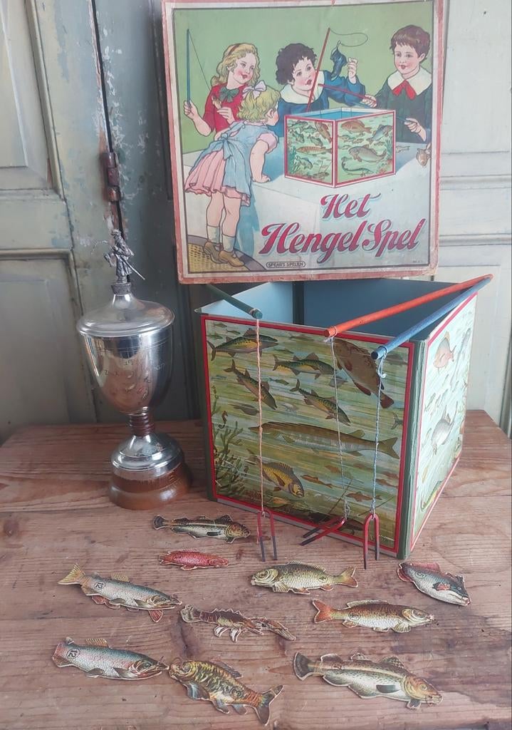 Antiek spears hengelspel & oude vis trofee, Ophalen of Verzenden